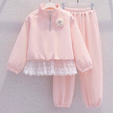 批发女大童套装秋装2025新款洋气<b class='q'>儿童</b>春秋款蕾丝花边运动卫衣两件套