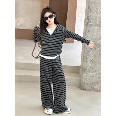批发女童春<b class='q'>秋</b>薄款条纹连帽卫衣套装中大童女孩休闲两件套网红潮流<b class='q'>秋</b>装