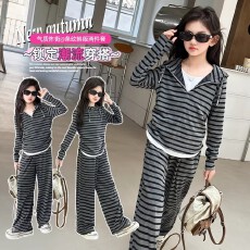 批发女童春<b class='q'>秋</b>薄款条纹连帽卫衣套装中大童女孩休闲两件套网红潮流<b class='q'>秋</b>装