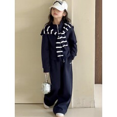 批发<b class='q'>女</b><b class='q'>童</b>秋季<b class='q'>套装</b>2025春秋新款立领条纹披肩外套儿童韩版休闲直筒裤潮