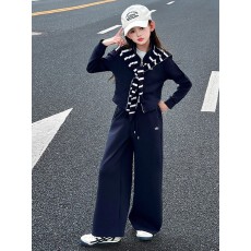 批发<b class='q'>女</b><b class='q'>童</b>秋季<b class='q'>套装</b>2025春秋新款立领条纹披肩外套儿童韩版休闲直筒裤潮