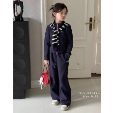 批发<b class='q'>女</b><b class='q'>童</b>秋季<b class='q'>套装</b>2025春秋新款立领条纹披肩外套儿童韩版休闲直筒裤潮