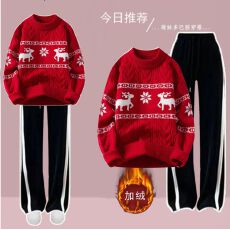批发酒红色本命年连帽卫衣套装秋冬新款字母女大童<b class='q'>休闲</b>格子裤两件套