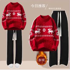 批发酒红色本命年连帽卫衣套装秋冬新款字母女大童<b class='q'>休闲</b>格子裤两件套