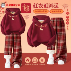 批发女童套装加绒加厚卫衣保暖冬装2026红色儿童拜年服