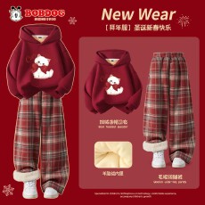 批发女童套装加绒加厚卫衣保暖冬装2026红色儿童拜年服