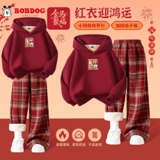 批发女童套装加绒加厚卫衣保暖冬装2026红色儿童拜年服