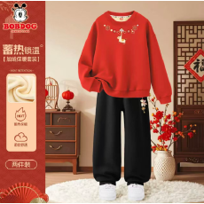批发女童套装加绒加厚卫衣保暖冬装2026红色儿童拜年服