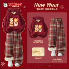 批发女童套装加绒加厚卫衣保暖冬装2026红色儿童拜年服