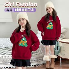 批发冬季新款男女童本命年酒红圆领套头卫衣套装百搭中大童加绒拜年服