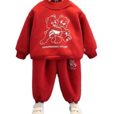 批发冬季新款男女童本命年酒红圆领套头卫衣套装百搭中大童加绒拜年服