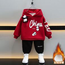 批发冬季新款男女童本命年酒红圆领套头卫衣套装百搭中大童加绒拜年服