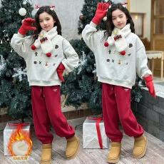 批发冬季新款男女童本命年酒红圆领套头卫衣套装百搭中大童加绒拜年服