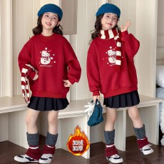 女童红色拜年卫衣2025新款冬季女孩加厚本命年服大童儿童冬装上衣