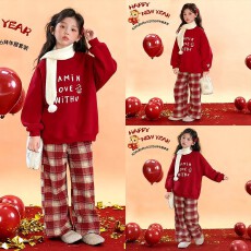 2026马年本命年衣服女童冬装套装女孩大童加绒卫衣儿童红色过年服
