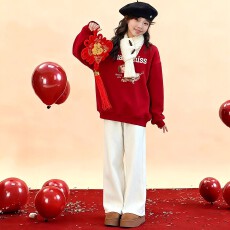 女孩套装时尚洋气时髦冬装2026新款女童本命年红色加绒卫衣两件套