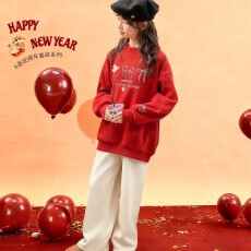 女大童加绒红色卫衣冬款2026初中生内搭上衣女孩本命马年加厚衣服