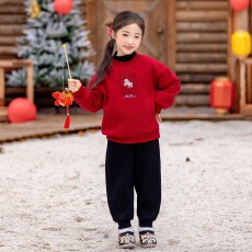 儿童拜年服男童唐装女童喜庆红色加绒卫衣套装宝宝马年过新年衣服