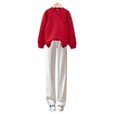 批发女童新年<b class='q'>套装</b>秋冬新款<b class='q'>儿童</b>女孩国风红色毛衣裤子大童中式过年衣服