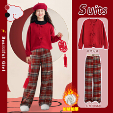 批发女童毛衣<b class='q'>套装</b>秋冬款2025<b class='q'>儿童</b>红色圣诞新年衣服加绒大童过年拜年服