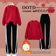 批发女童新年<b class='q'>套装</b>秋冬新款<b class='q'>儿童</b>女孩国风红色毛衣裤子大童中式过年衣服