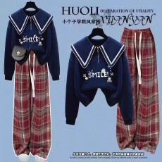 批发童装春秋2025新款<b class='q'>套装</b>学院风海军领半拉链<b class='q'>卫衣</b>格子裤