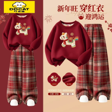 批发女童新年<b class='q'>套装</b>秋冬新款<b class='q'>儿童</b>女孩国风红色毛衣裤子大童中式过年衣服