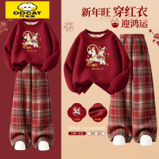 批发女童新年<b class='q'>套装</b>秋冬新款<b class='q'>儿童</b>女孩国风红色毛衣裤子大童中式过年衣服