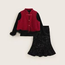 批发女童新年<b class='q'>套装</b>秋冬新款<b class='q'>儿童</b>女孩国风红色毛衣裤子大童中式过年衣服