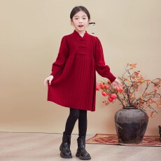 批发900克重磅加厚毛衣女童新年衣服红色喜庆<b class='q'>连衣裙</b>秋冬款旗袍公主裙