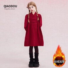 批发900克重磅加厚毛衣女童新年衣服红色喜庆<b class='q'>连衣裙</b>秋冬款旗袍公主裙