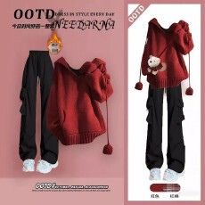 批发女大童跨年穿搭一整套新年战袍红色毛衣拜年<b class='q'>套装</b>工装裤