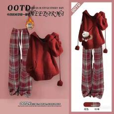 批发女大童跨年穿搭一整套新年战袍红色毛衣拜年<b class='q'>套装</b>工装裤