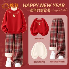 批发棉致<b class='q'>女</b><b class='q'>童</b>冬装<b class='q'>套装</b>2026马年本命年新年红色儿童加绒卫衣女大童裤子