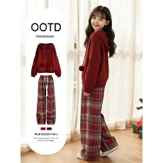 批发女大童跨年穿搭一整套新年战袍红色毛衣拜年<b class='q'>套装</b>