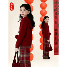 批发女大童跨年穿搭一整套新年战袍红色毛衣拜年套装