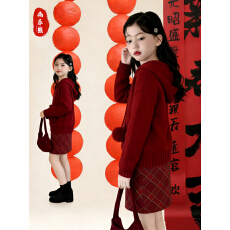 批发女童新年<b class='q'>套装</b>秋冬新款<b class='q'>儿童</b>女孩国风红色毛衣裤子大童中式过年衣服