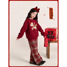 批发女童新年<b class='q'>套装</b>秋冬新款<b class='q'>儿童</b>女孩国风红色毛衣裤子大童中式过年衣服