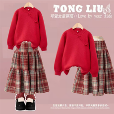 批发女童套装加绒加厚卫衣保暖冬装2026红色儿童拜年服