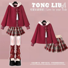 批发女童套装加绒加厚卫衣保暖冬装2026红色儿童拜年服