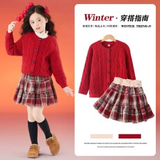 批发童装女童红格子半身裙圣诞<b class='q'>冬</b>季儿童加绒<b class='q'>冬</b>裙新年生日裙子