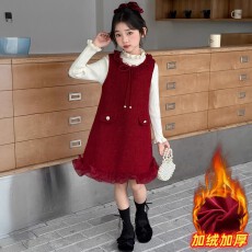 批发<b class='q'>女</b><b class='q'>童</b>冬装裙子2025新款女大童加绒毛衣连衣裙儿童红色过年裙秋冬装