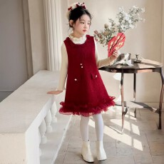批发<b class='q'>女</b><b class='q'>童</b>红色连衣裙2025冬装新款女孩超好看儿童拜年服加绒公主背心裙