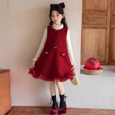 批发<b class='q'>女</b><b class='q'>童</b>红色加绒连衣裙冬季2025新款女大童新年衣服儿童冬装裙子套装