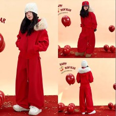 批发<b class='q'>女</b><b class='q'>童</b>加绒加厚套装冬装2026新款12岁女孩红色本命年衣服儿童过年服