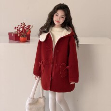 批发<b class='q'>女</b><b class='q'>童</b>连帽红色毛呢外套2025秋冬新款过年服加绒加厚中长款洋气大衣