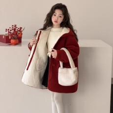 批发<b class='q'>女</b><b class='q'>童</b>新年服大衣2025新款儿童加绒毛呢外套13岁女孩本命年红色衣服