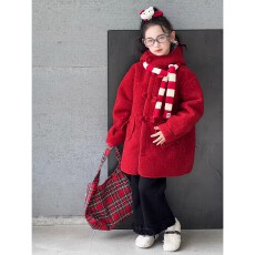 批发okadi法国<b class='q'>女</b><b class='q'>童</b>红色仿兔毛毛呢大衣2025秋冬加绒加厚连帽呢子外套