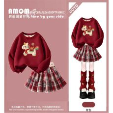 批发<b class='q'>女</b><b class='q'>童</b>套装加绒加厚卫衣保暖冬装2026红色儿童拜年服