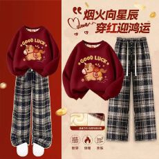 批发<b class='q'>女</b><b class='q'>童</b>秋冬套装2025新款冬季多巴胺女酒红色<b class='q'>卫衣</b>加绒格子裤大童裤子